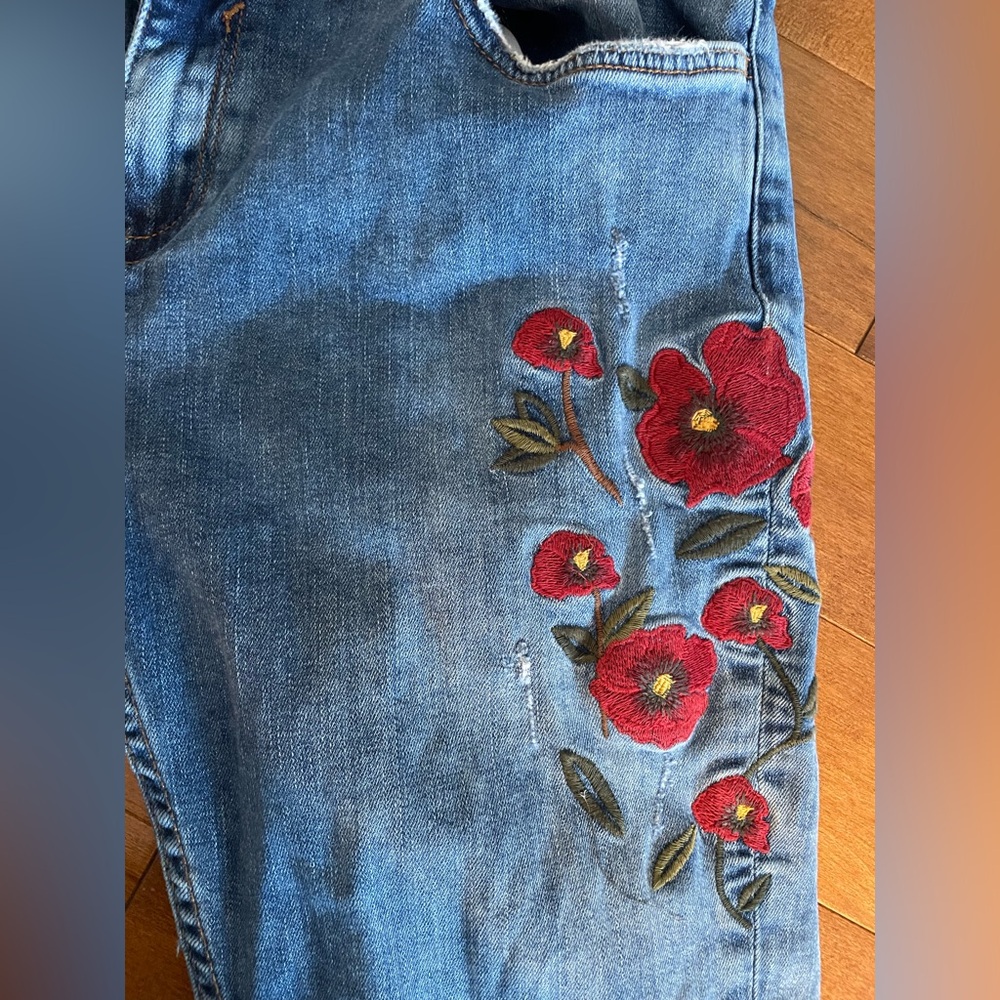 Zara Blue Skinny Jeans with Red Floral Embroidery - Picture 3 of 5